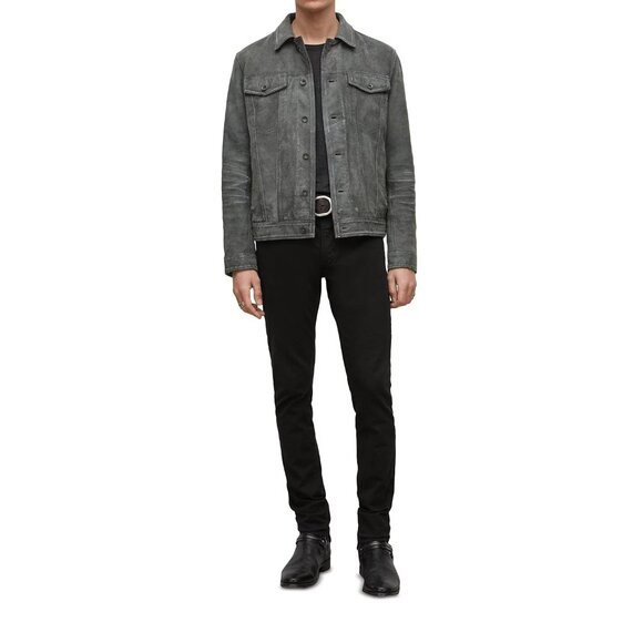 John Varvatos Men's Andrew Trucker Jacket Distressed Sheepskin Leather Seal Grey - Picture 7 of 8